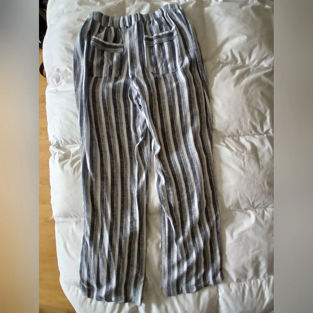 New. Linen/ Viscose Navy/white Striped Wide Straight Leg, Gather Elastic Waist - Picture 2 of 9